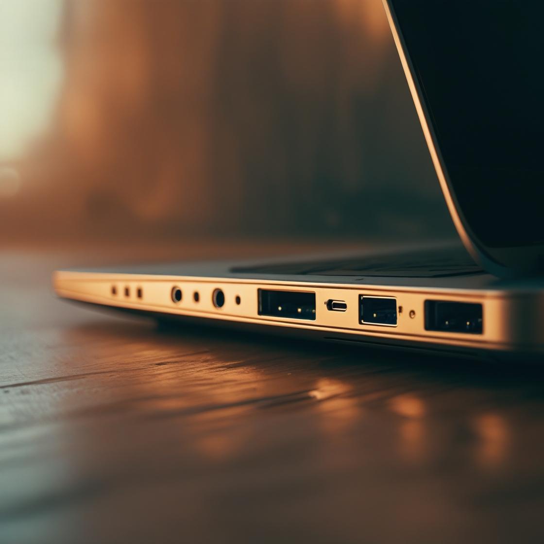 Close Up Of A Laptop Edge With Visible USB Ports And Brushed Metal Surface Soft Ambient Light Warm Tones Analog Film Look
