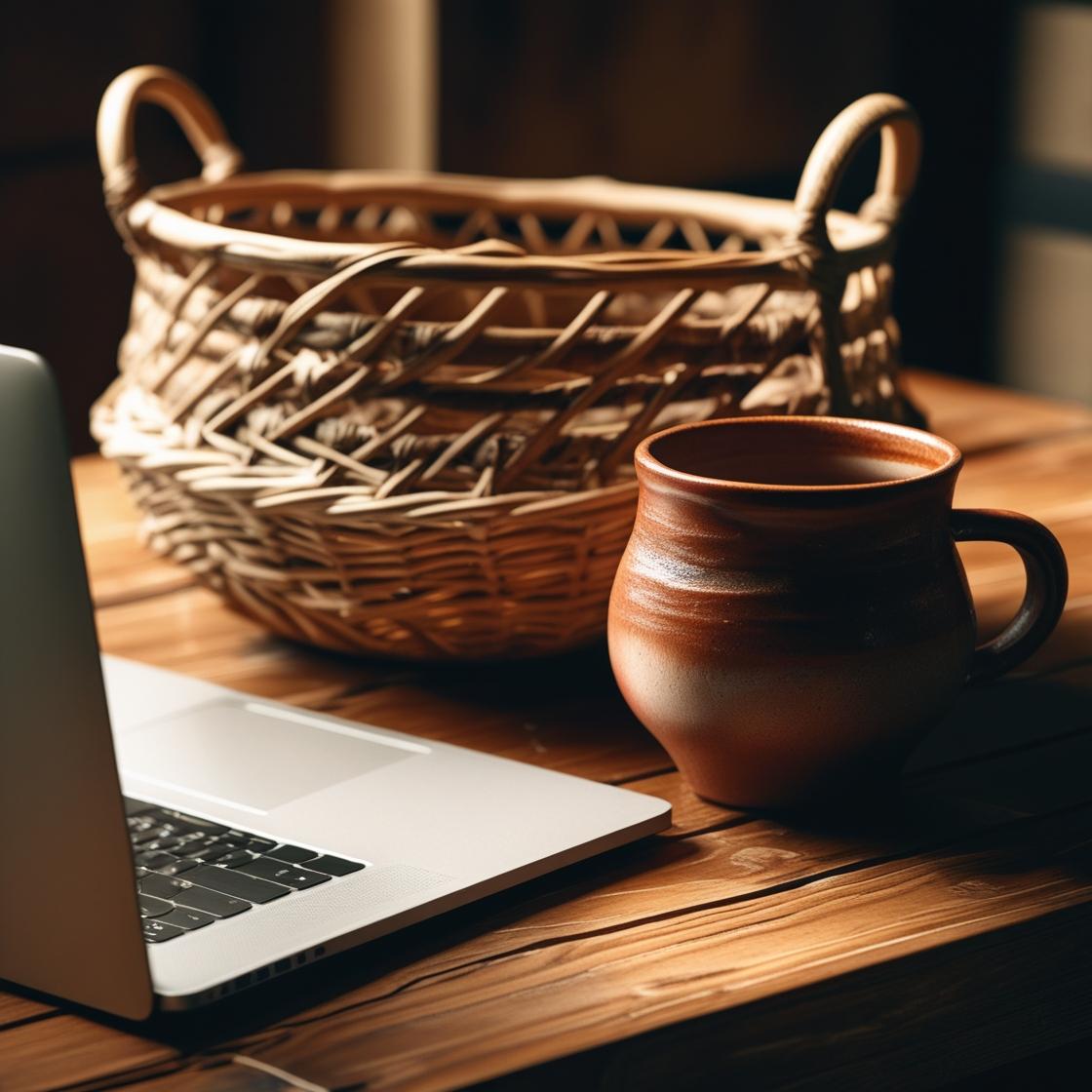 Bærbar computer med kaffekop og kurv i varmt lys